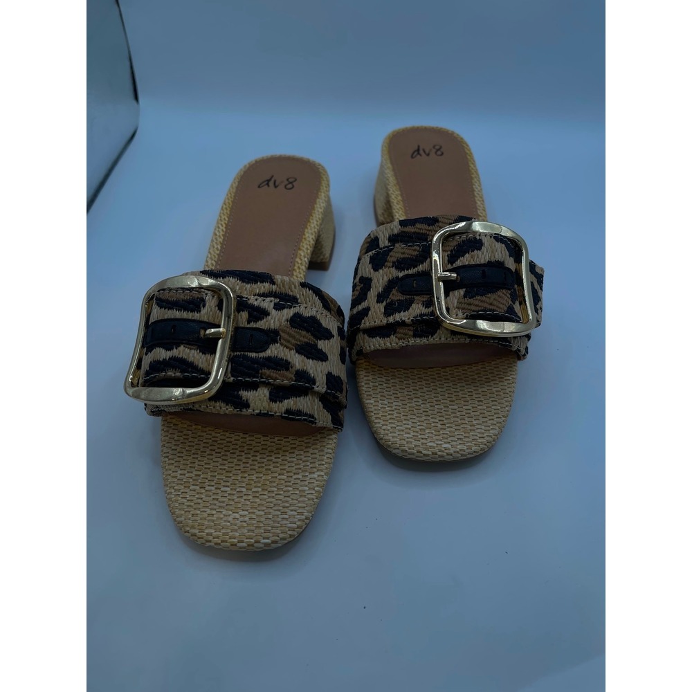Dolce Vita DV8 Narla Leopard Print Buckle Raffia Block Heel Slide Sandals Size 8